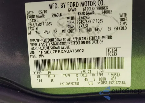 2010 Ford Explorer Eddie Bauer из США, поврежденный, VIN 1FMEU7EEXAUA73602